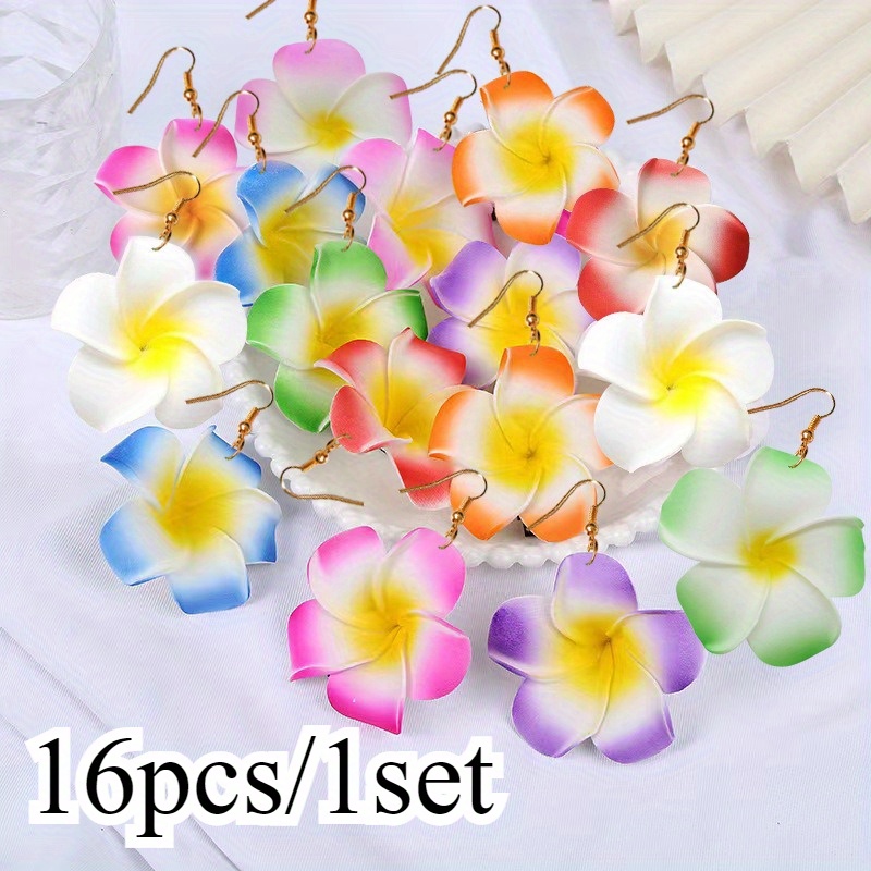 16pcs Women's Fashion Plumeria Dangle Earrings Set Vibrant Holiday Jewelry, Great For Birthdays And Parties, Party Accessories Bohemian Style Earrings