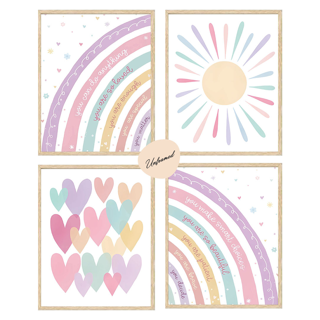 

Unframed 4pcs Rainbow Sun Nursery Wall Decoration, Pink Purple Kindergarten Wall Art, Classic Quotes Kindergarten Wall Art Room Bedroom Gift Wall Decoration Poster 8 X 10 Inches