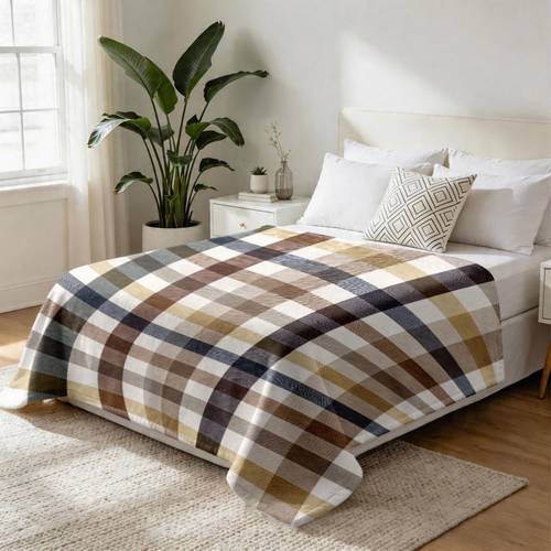 1pc flannel blanket earthy check beige brown blue print soft and comfortable for air conditioning blanket suitable for living room and for thoughtful gift