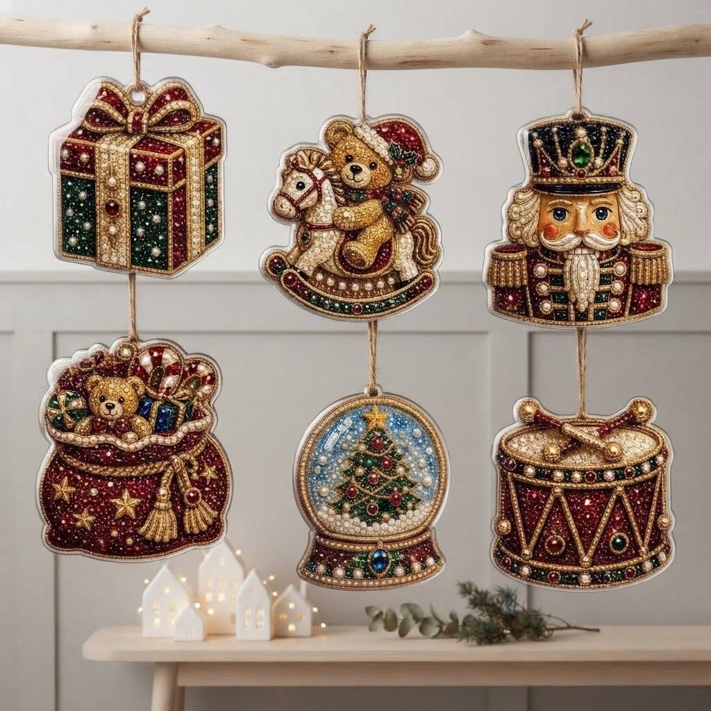TEMU Kit di pittura con diamanti e perle da 6 pezzi, ciondolo con tag a tema natalizio 2D piatto, ai principianti, decorazione per albero di Natale,