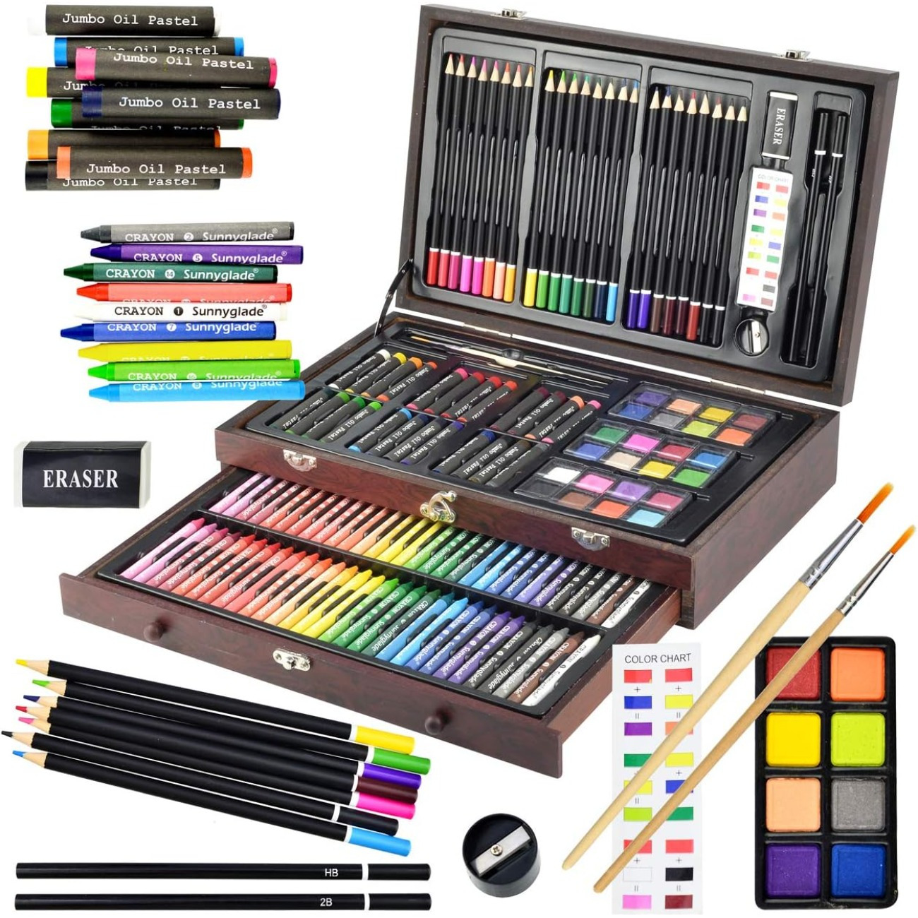 

145pcs Art Set, Wooden Box & Drawing Kit Crayons, Oil Pastels, Colored Pencils, Cakes, Pencils, , Sharpener, , ()