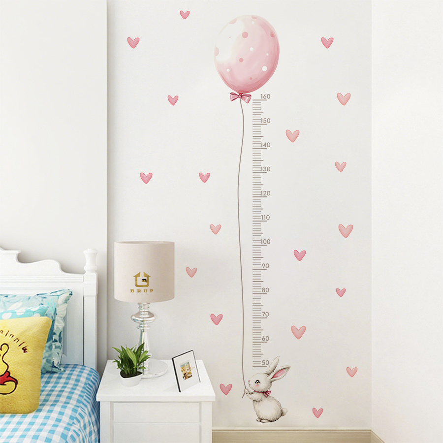 E-shop 2 Blätter BRUP Kreative Cartoon-Hase mit Ballon rosa Herzen Höhenmesser Wandtattoos, abziehbarer Dekor für Kinderzimmer, Schlafzimmer oder