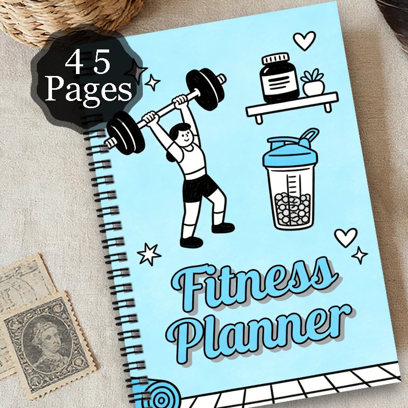 1pc Fitness Planner Spiral Notebook Journal | Diet and Fitness Exercise Health Log, Daily Exercise Planner for Women and Men, Compact Size, Fitness Themed Personal Organizer, Weight Loss Plan, Weight Lifting Shaker Bottle, Supplement Container
