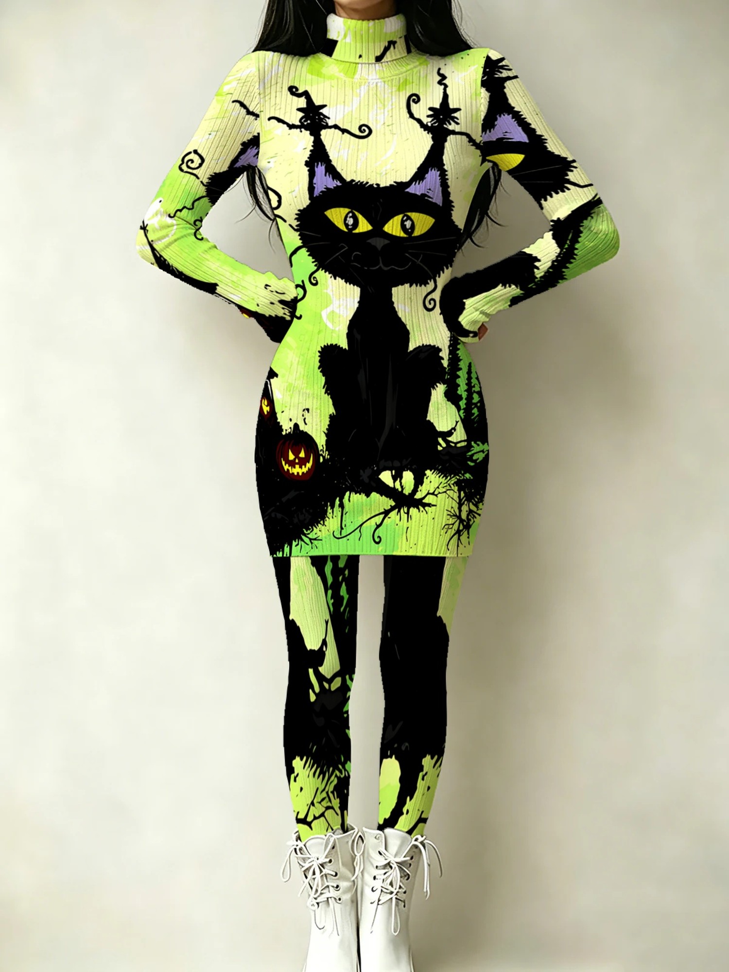 womens dress set whimsical halloween black cat and spooky elements print daily casual party wear