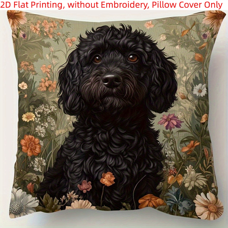TEMU 2d Flat - 1pc, 2d Flat Printing, Vintage Style Black Cockapoo Floral Print Pillow Cover, Single-sided Printing, Without Embroidery, Pillow