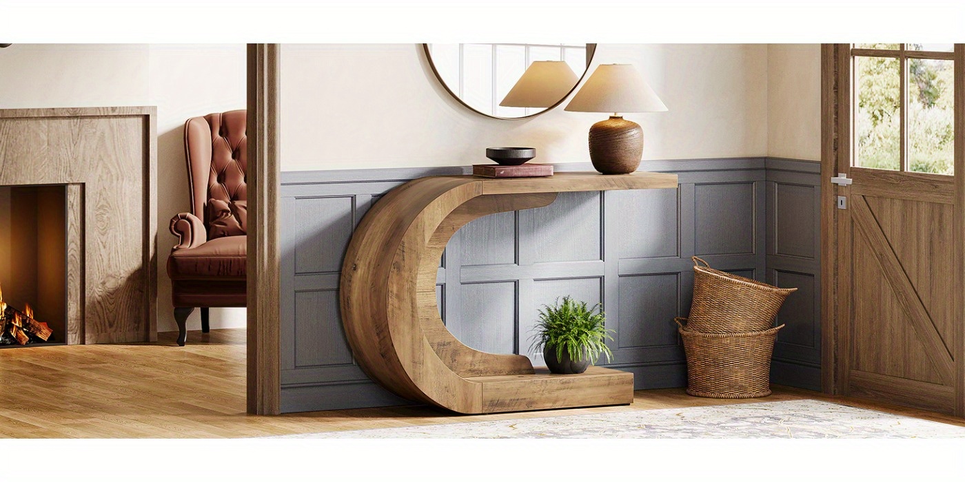 Modern Entryway Table - Extra Long 109.98cm Console Table for Living Room, Hallway, Foyer - Space-Saving C-Shaped Leg Design, Easy Assembly, Brown Finish - Sturdy Hardwood-like Construction for Narrow Hallways & Large Spaces