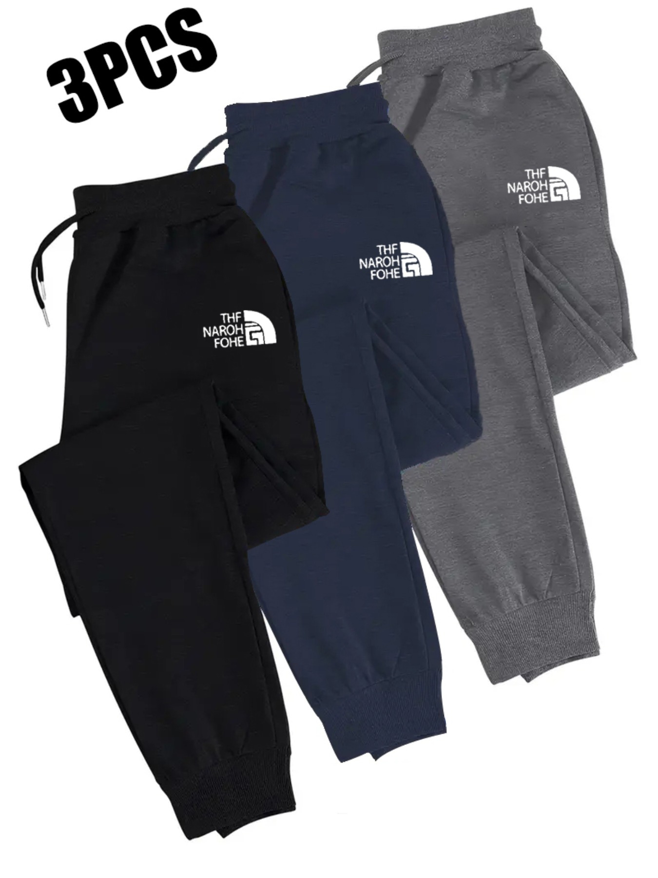 3pcs Men'S Casual Joggers with Elastic Drawstring Waist & Cuffed Ankles - 100% Polyester Knit, Loose Fit Print Athletic Pants for Gym, Running, All-Season Comfort (Grey/Navy/)