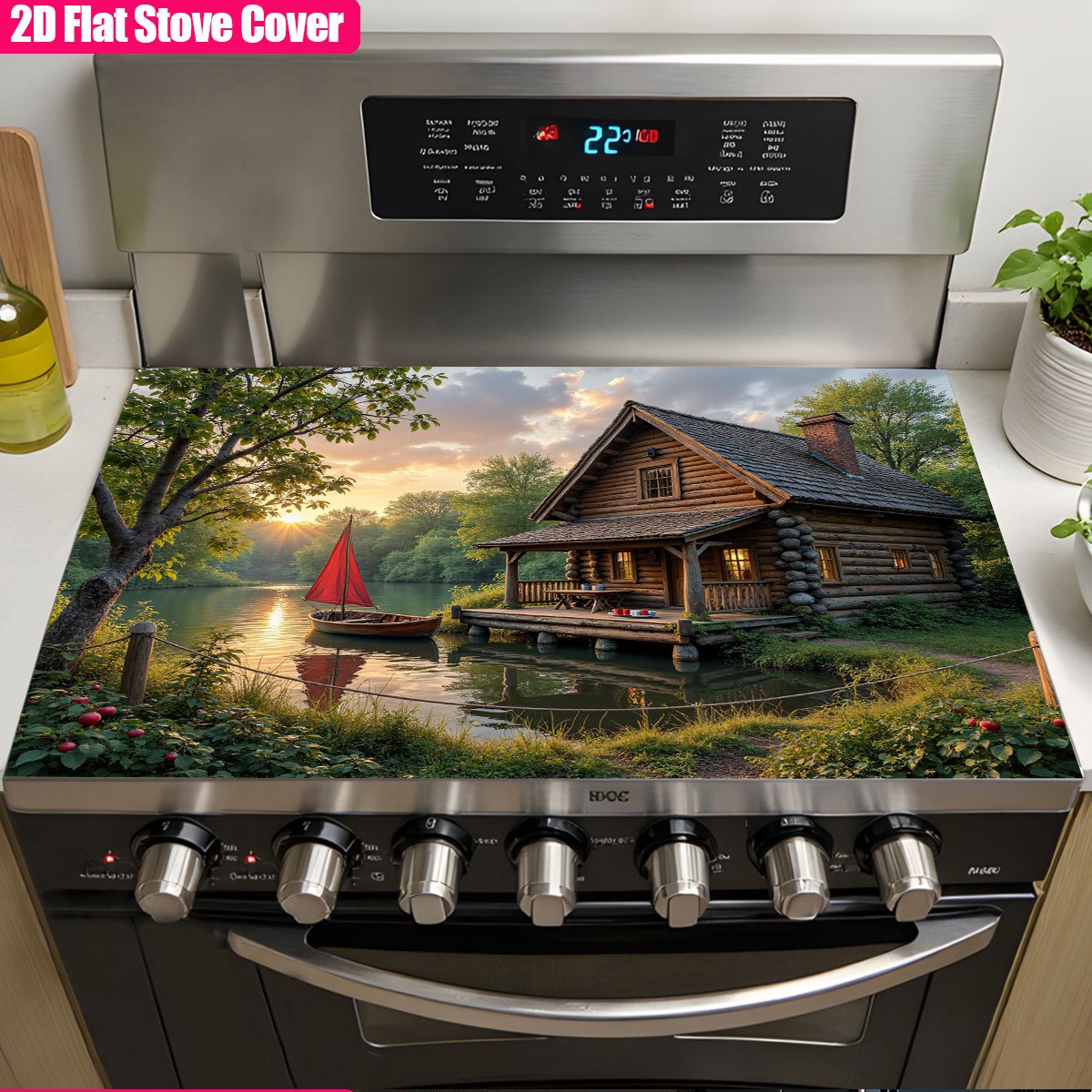 TEMU 1pc, 2d Flat Stove Top Cover For Electric Stove Cozy By Lake With Sailboat At Sunset Cooktop Replacement Parts Panels Coasters Trivets Kitchen