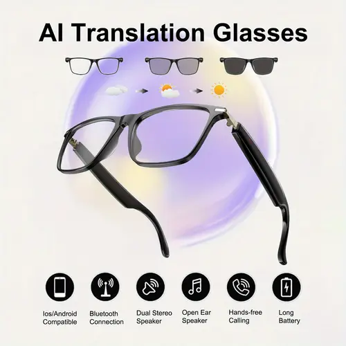 ai translation smart glasses support 160 languages translation fashion glasses built in microphone speaker listen to music answer phone calls touch control charged via usb photochromic lens design suitable for sports travel ideal holiday gift for men and women