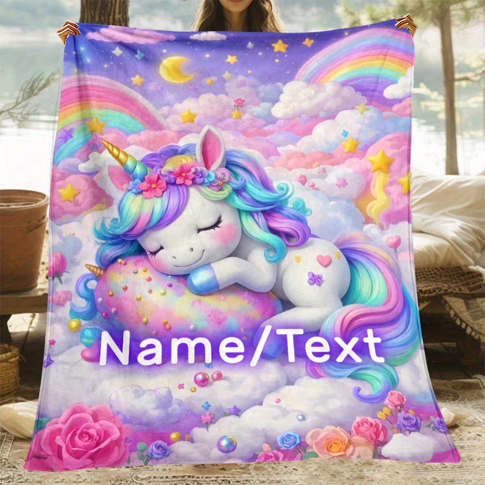 TEMU Couverture en velours personnalisable avec motif licorne et nuage - Légère, confortable, parfaite pour les voyages ou le camping. Lavable en