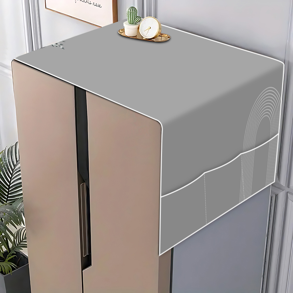TEMU 2d Flat Refrigerator Cover With Gray Base And White Branch And Leaf Pattern, Featuring A Storage Pocket For Organizing Cleaning Supplies And