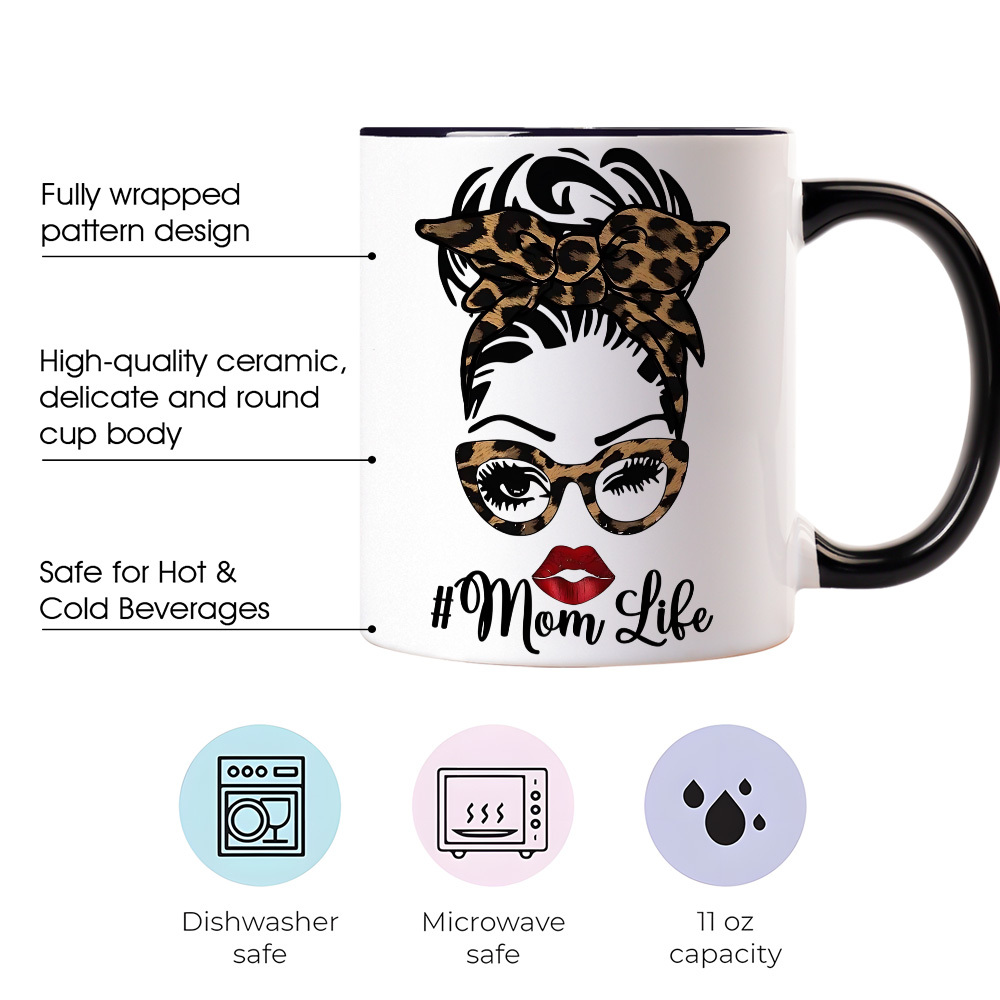 1pc mom   mug with leopard print bow lipstick design momlife text dishwasher safe cup for women mothers day birthday gifts home office use stylish kitchenware for moms 7