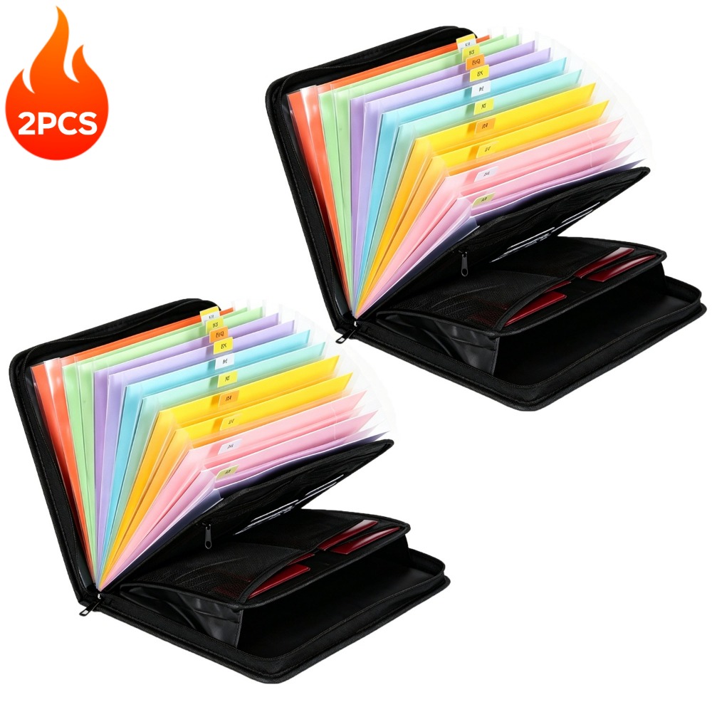 2pcs File Folders, Large Capacity A4 Fireproof File Folders With Handle, Accordion Expanding Document Organizer With 13 Pockets, Lock, Portable Detachable File Jackets, Standing Folder
