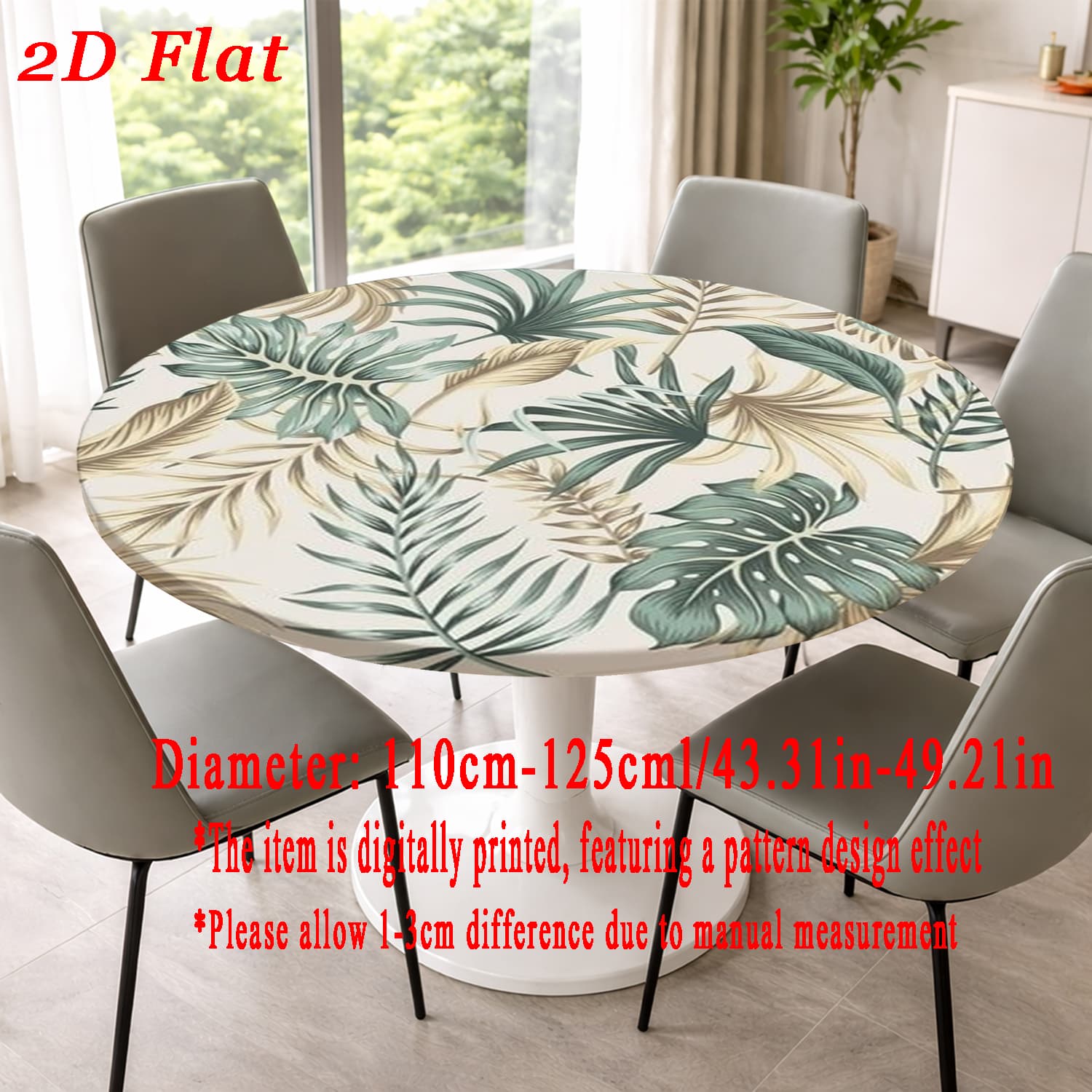 TEMU Nappe de table ronde plate 2D élastique avec motif imprimé numérique de feuilles , pour les tables à manger, amovible et réutilisable, parfaite