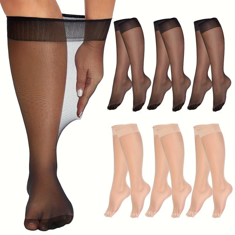 12 socken (6 paar) damen plus size kniehohe, durchsichtige socken, dünne damenstrümpfe, rutschfestes design, leichte sommersocken für kleider & röcke, elegante strumpfhosen in schwarz, braun, beige, hellrosa, vielseitige strumpfhosen, leichte socken, rutschfeste socken