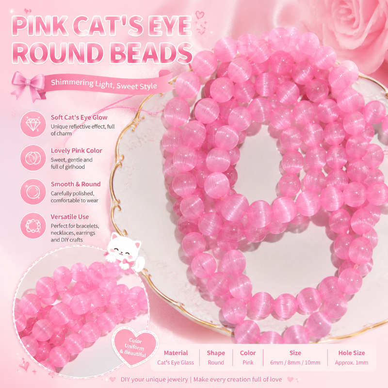 TEMU 46 pièces de perles libres œil de chat rose de 8 mm, fournitures de bricolage décoratives, également un cadeau pour et