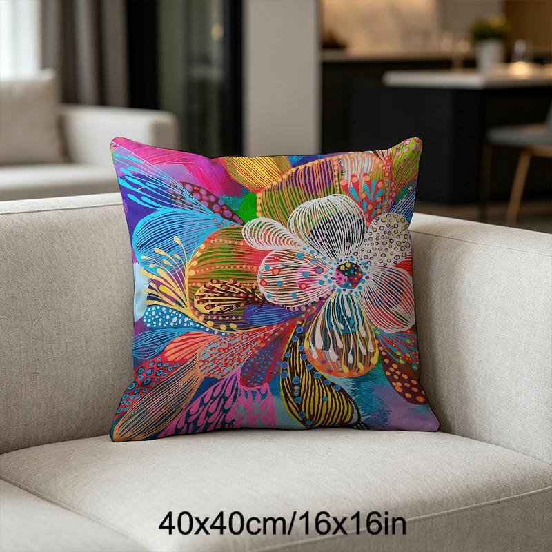 TEMU 1 Vibrant Abstract Floral Print Pillowcase, 40x40/45x45/50x50cm, Colorful Bohemian Style Flower Cushion Cover With Zipper, Artistic Decorative