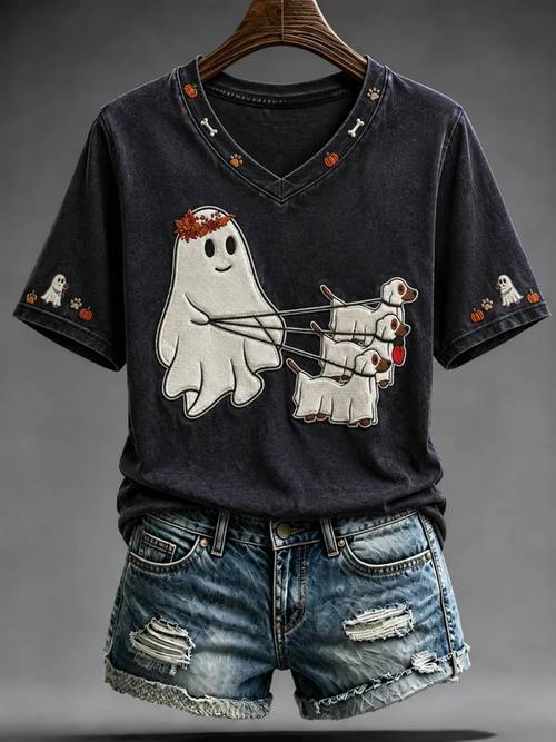 item picture women v neck short sleeve t shirt walking dogs pumpkin bone paw graphic print raglan sleeve casual loose halloween fall daily tops for gift