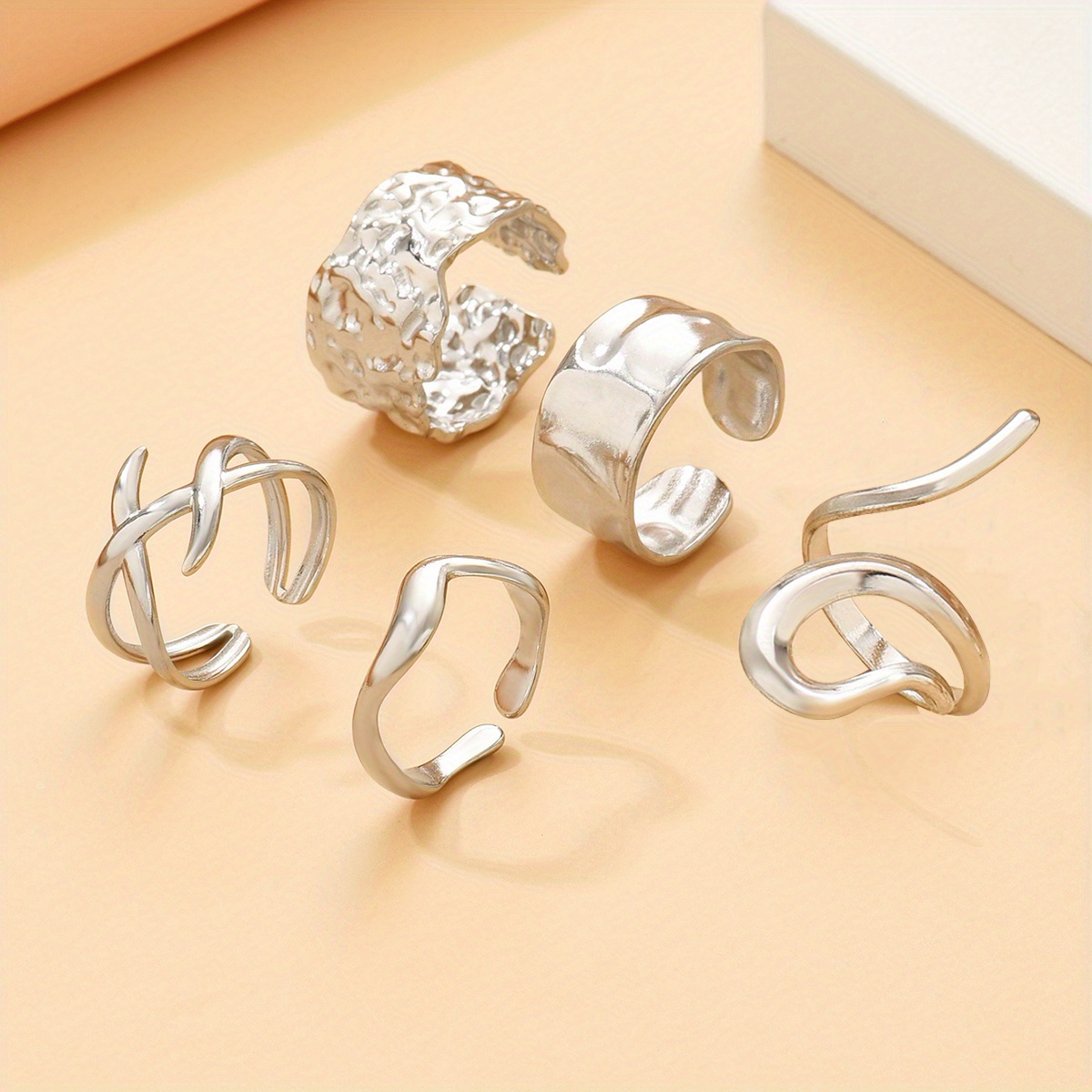 5pcs Women's Open Ring Set, Irregular Texture Designs