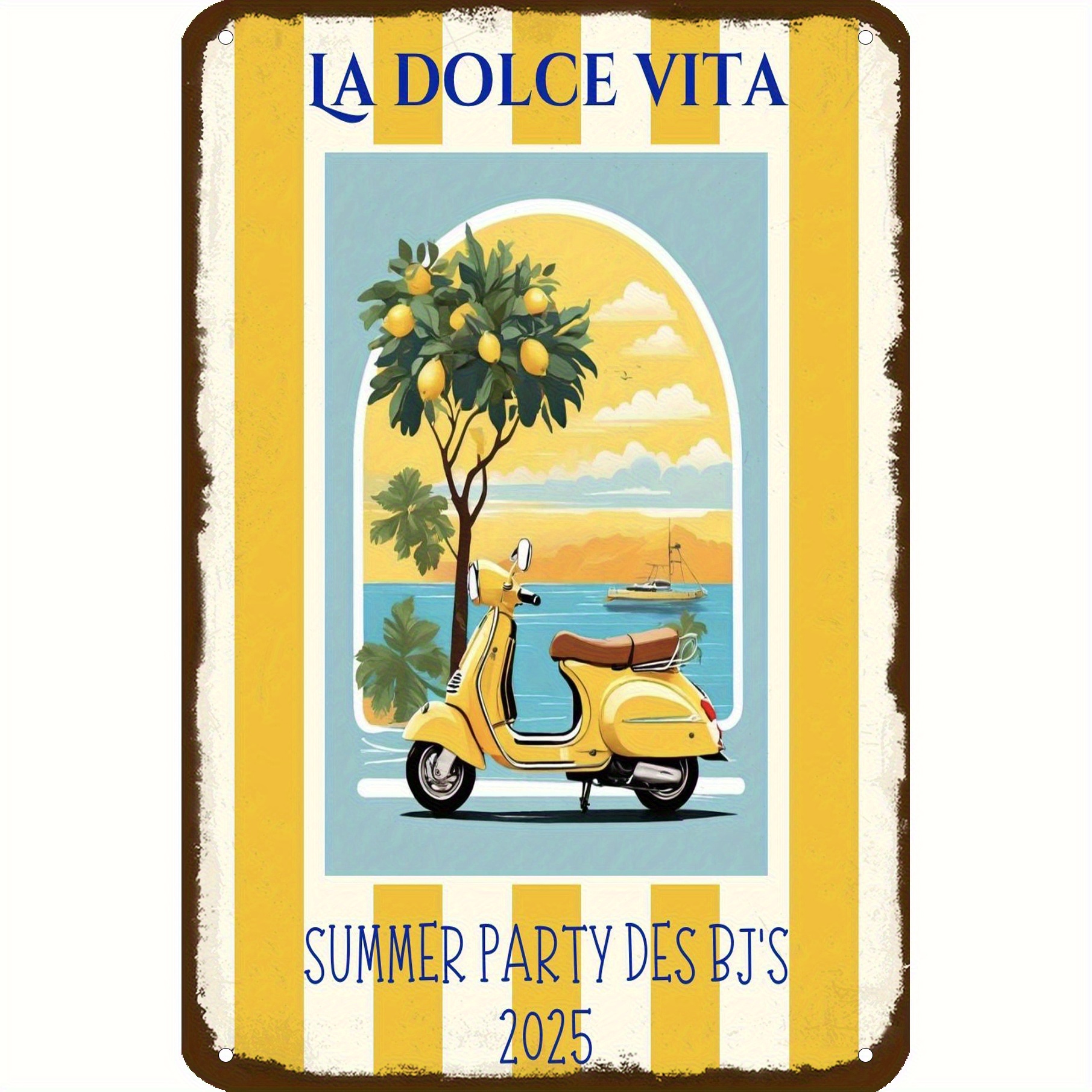 E-shop 2D Flach, 1 Stück Italienische Küsten-Metallwanddekoration - Vintage Roller & Zitronenbaum Retro Nautisches Schild - Langlebiges Eisen La Vita