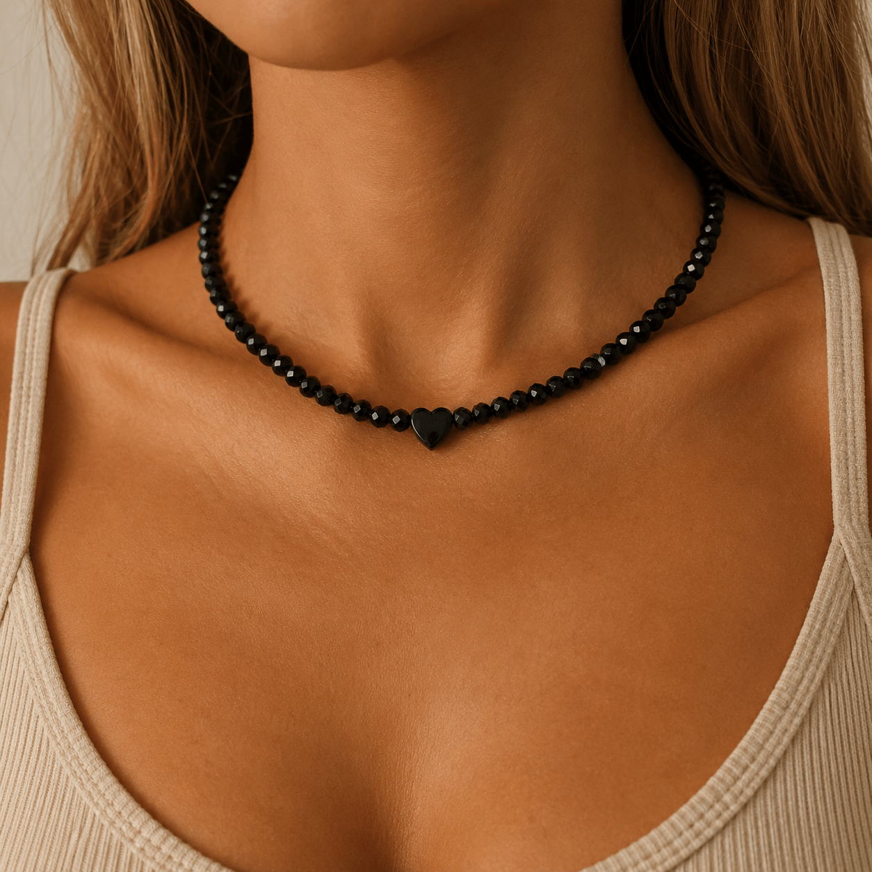 TEMU 1pc Women's Black Artificial Crystal Black Heart Beaded Adjustable Necklace, Daily Vacation Party Wear, Valentine's Day Gift