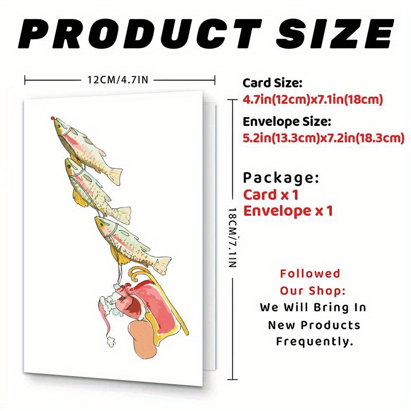 TEMU 1pc Funny Fish Pulling Santa Sleigh Christmas Card With Envelope - Whimsical Scene Suitable For Family, , Colleagues & Holiday Parties - Unique