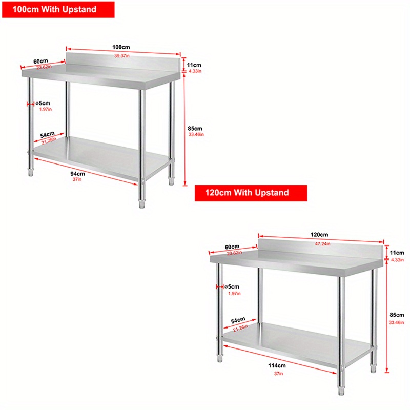 100X60X85Cm/120X60X85Cm Edelstahl Arbeitstisch, Küchentisch, Edelstahl Tisch, Arbeitstisch mit Aufkantung, Silber