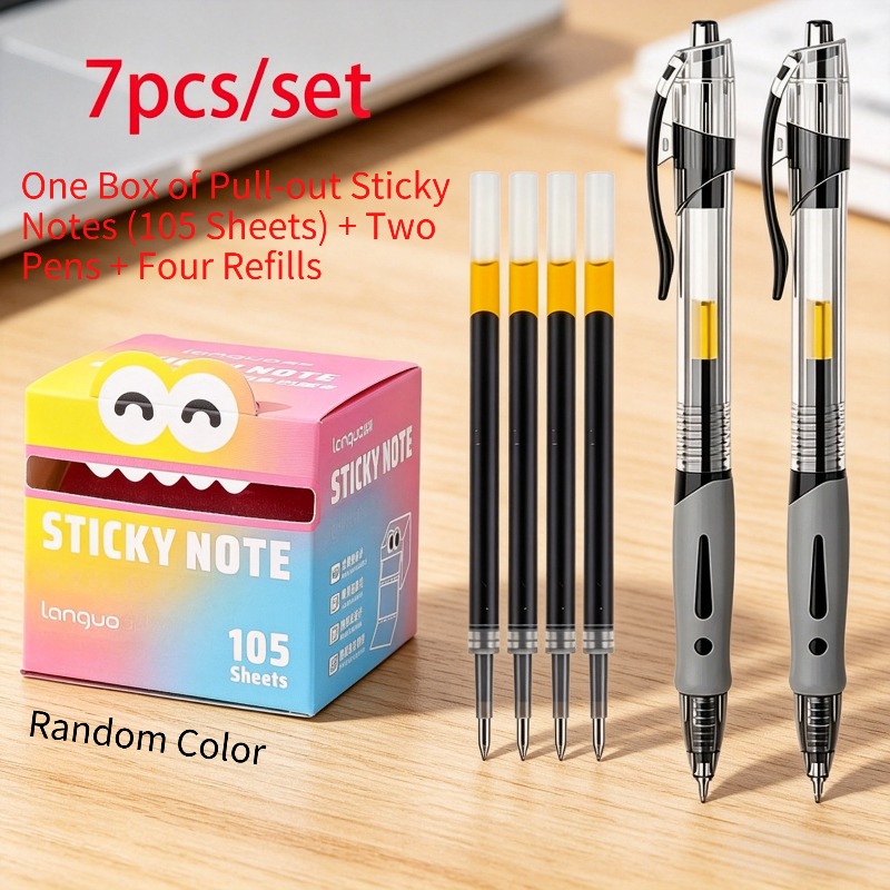 TEMU Of Pull-out Sticky Notes (105 Sheets) Random Color + 2 Pens + 4 Refillsfeatures 0.5mm Fine-point Black Ink For Smooth Writing; The Cute,