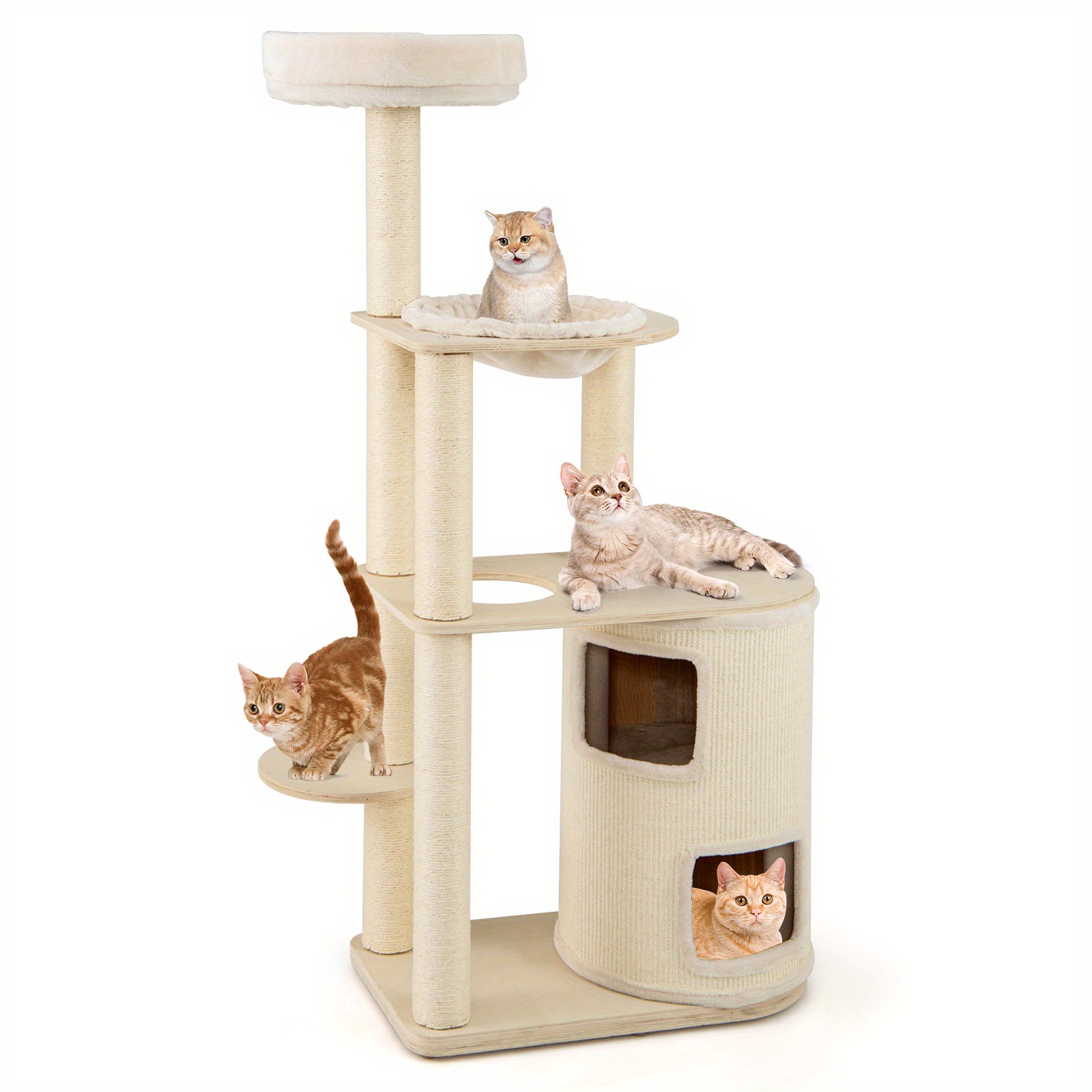60-inch Tall Cat Tree, Wooden Cat Tower Featuring A Two-story Condo, Sisal Scratching Posts And Mat, Perch, Hammock, And A Washable Plush Cushion