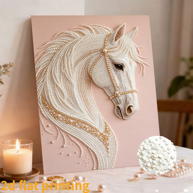 TEMU Halloween, Kerstmis, School Verrassingscadeau 2D Plat Bedrukt Ingelijst Nieuw Parelschilderij, Wit Paardenprofiel, DIY Handgemaakt Ingelegd