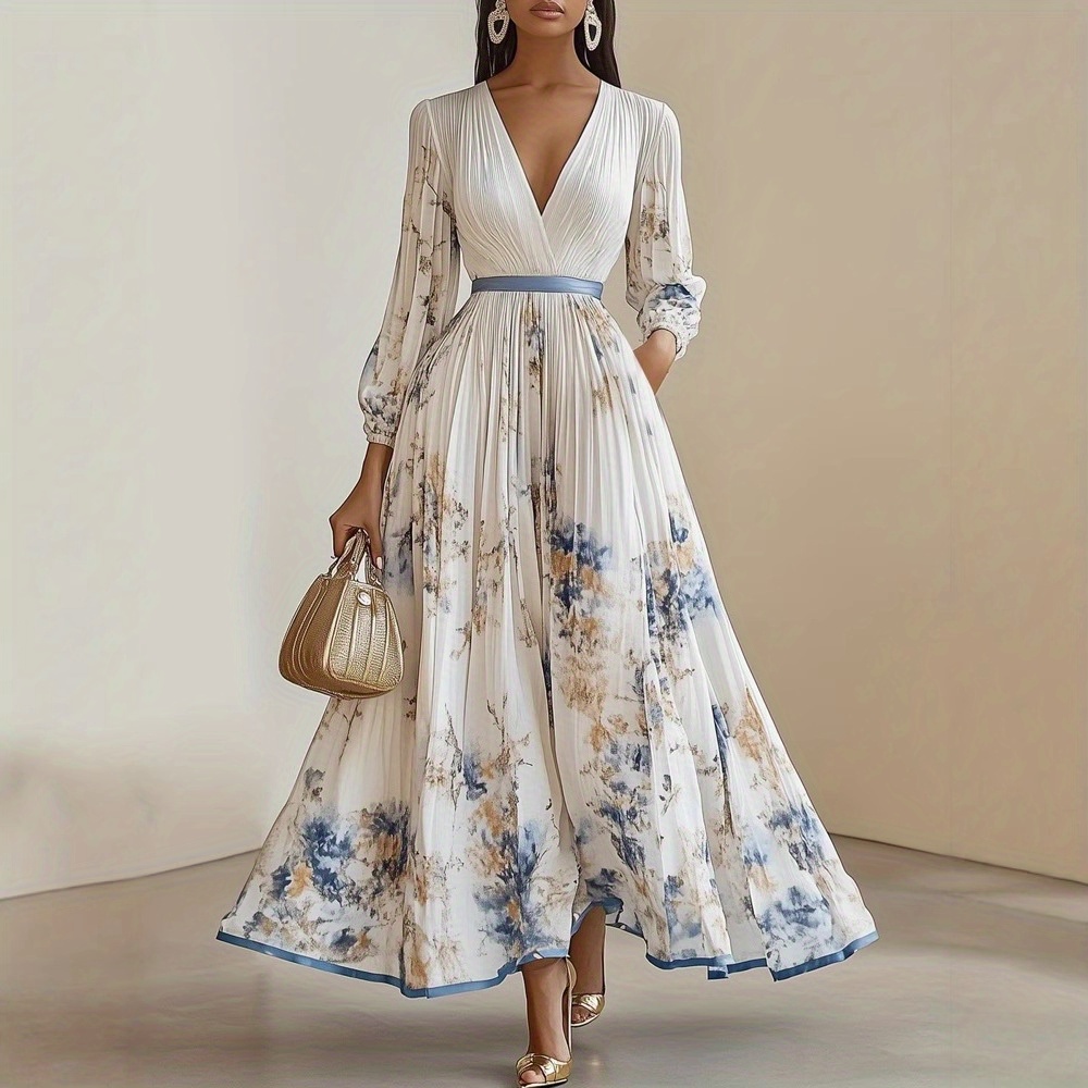 womens elegant floral print dress formal casual party wedding outfit with cinched waist flowy long sleeves   party everyday dress in beige green white black womens formal everyday attire dresses for wedding guest versatile fashion   design sophisticated tailoring     fabric adult clothing Product details 0