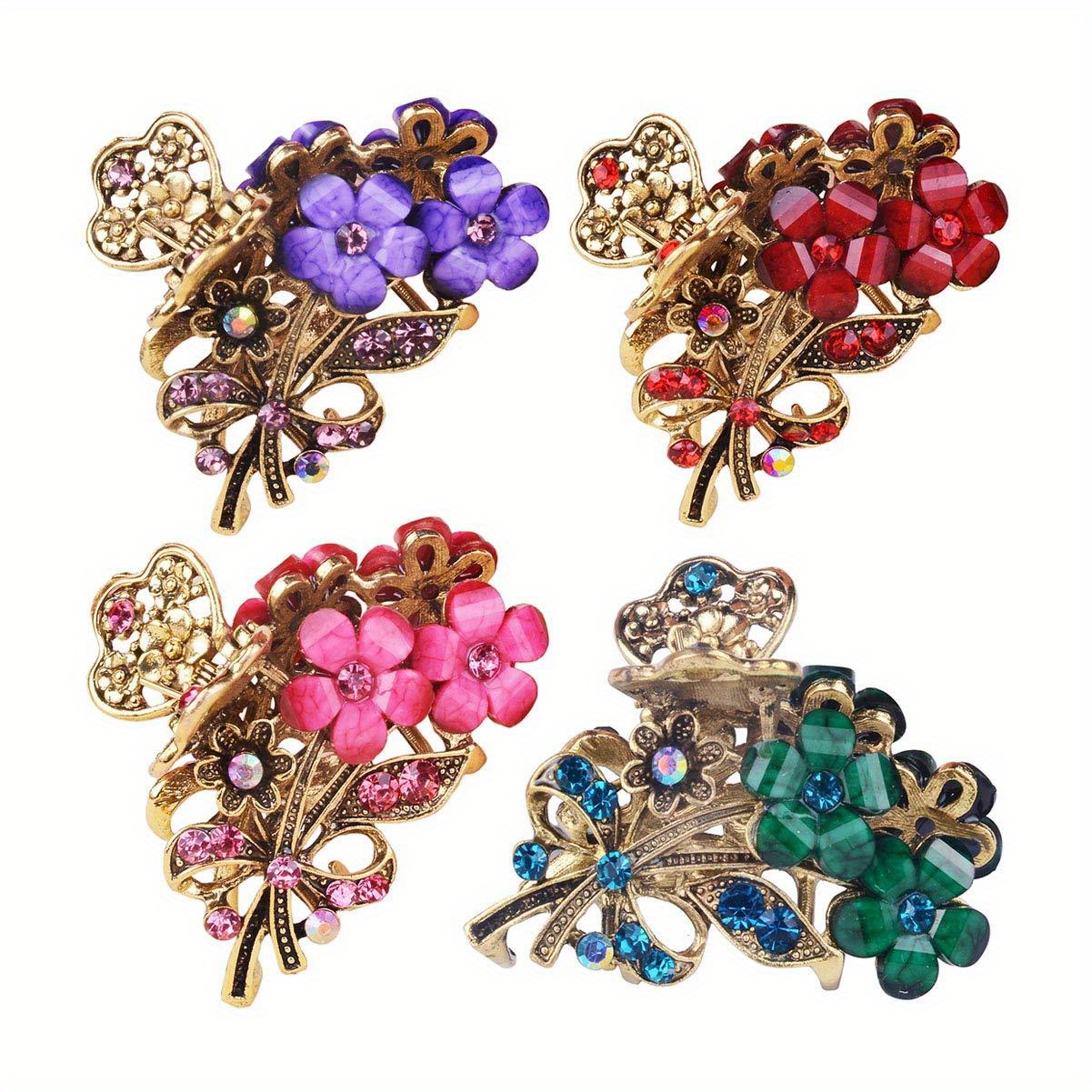 TEMU 4pcs Vintage Floral Medium Hair Claw Clips With Rhinestones - Women's Fashion Metal Alloy Hairpin Bun Clip Hair Accessory For Medium To Long
