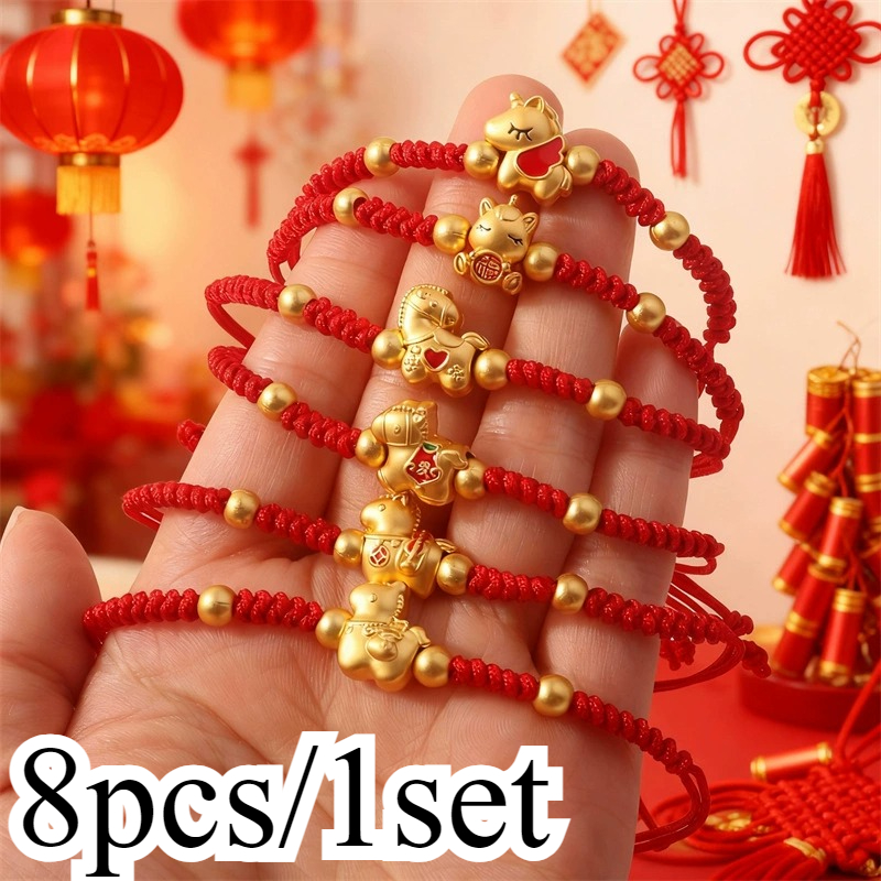TEMU Set Of 8pcs Featuring A Red String Bracelet With A Pendant, Symbolizing Luck For The Year Of Horse. This Couple's Charm, With Golden, Represents