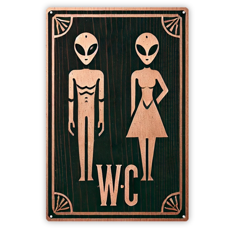 TEMU 1 letrero retro de metal que mide 19.81X29.97 cm con un letrero de inodoro con temática de alienígenas, para decorar paredes en , dormitorios,
