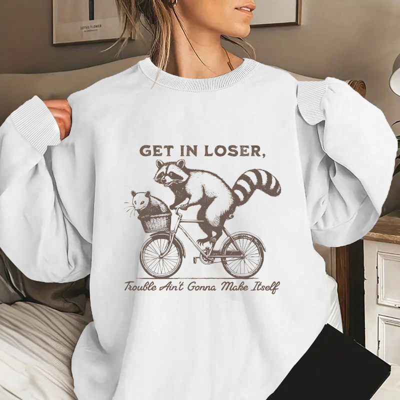 

Women's Casual Crew Neck Sweatshirt With Cat & Bicycle , 100% Polyester Knit Fabric, , Geometric , 260g/m² Weight