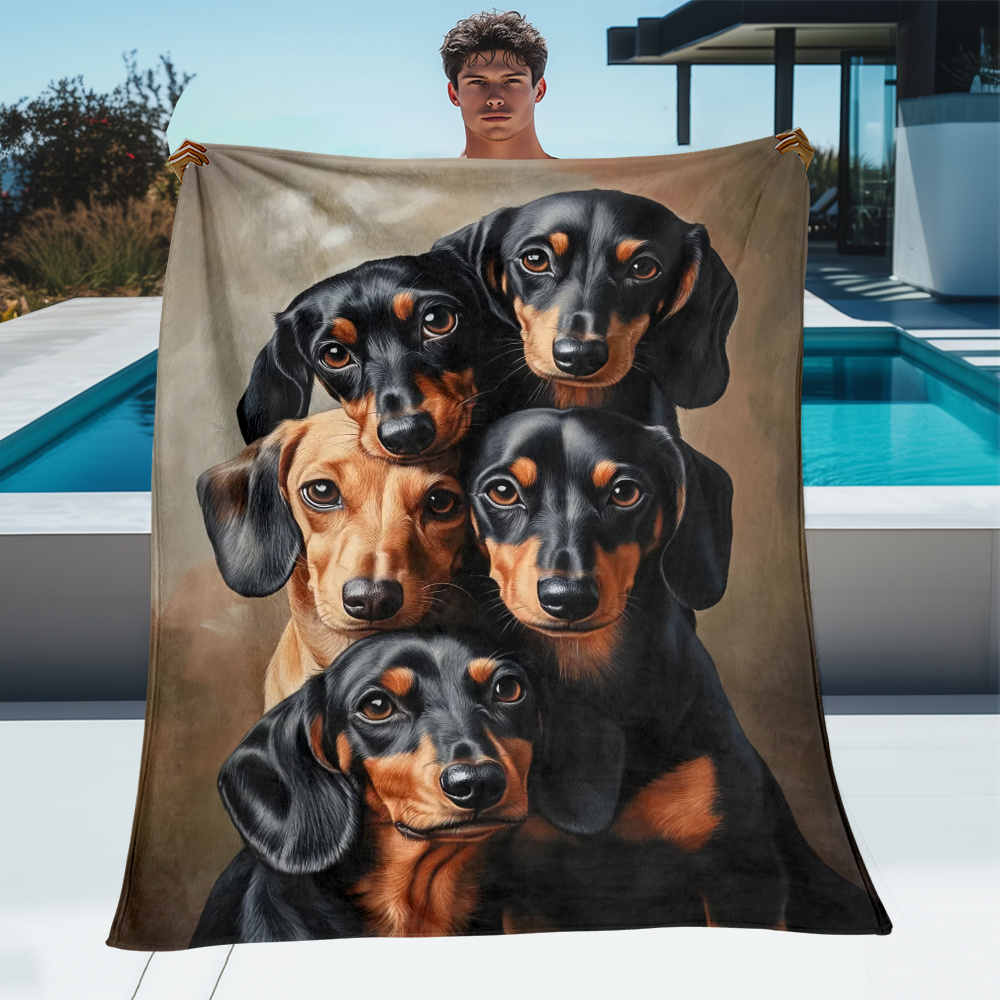 

1pc Contemporary Dachshund Stack Hd Flannel Blanket - All 200-250gsm Knit Fabric Throw For Sofa, Bed, Travel - Tear Resistant, Lightweight Fleece For Living Room, Office, Couch - Gift For Pet Lovers