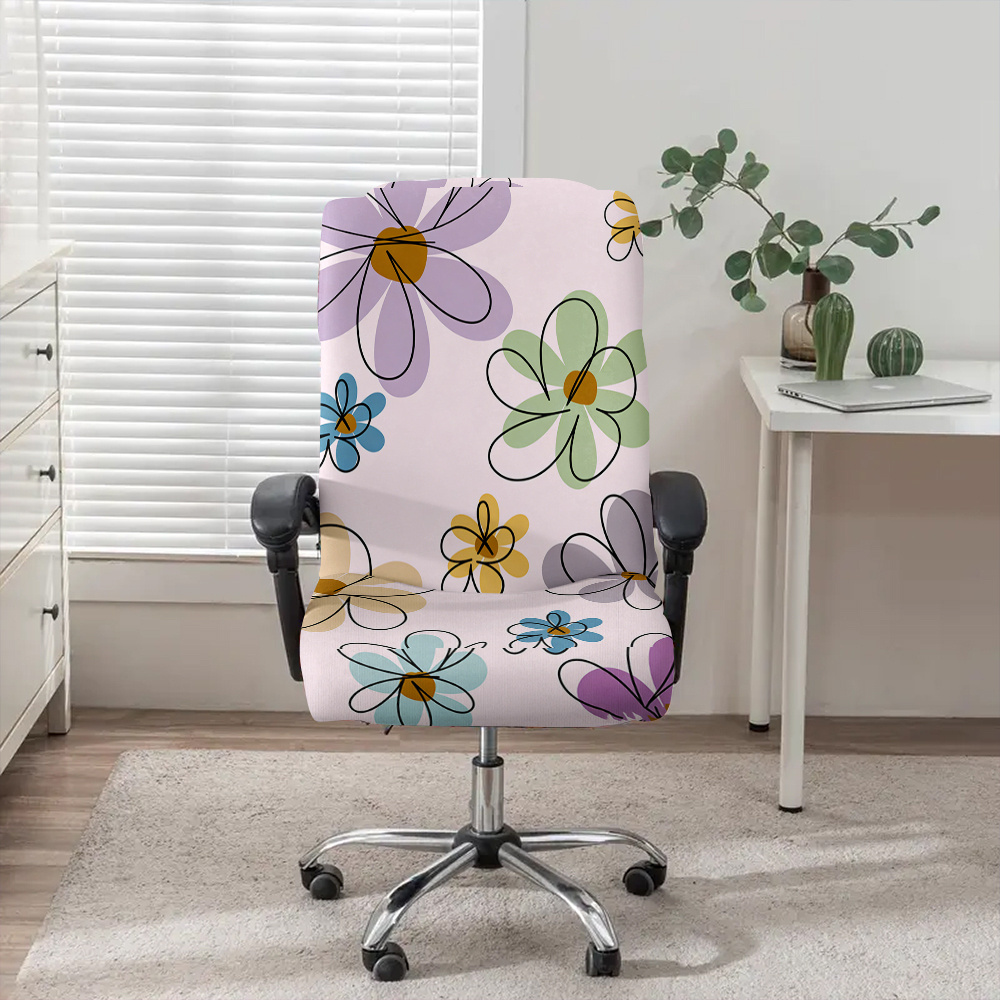 TEMU 1 Housse de chaise de bureau facile à dessiner avec motif floral , tissu en fibre de lait avec élastique amovible et lavable en machine, idéale