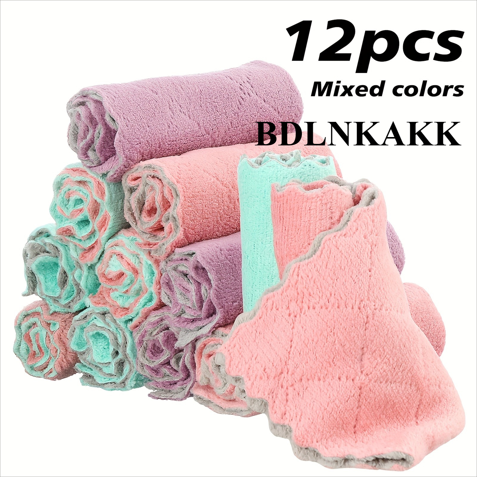 TEMU Bdlnkakk 12pcs Microfiber Dishcloths, Thickened Coral Fleece Double-sided Towels, Soft And Absorbent, Strong Stain Removal, Scouring Pads,