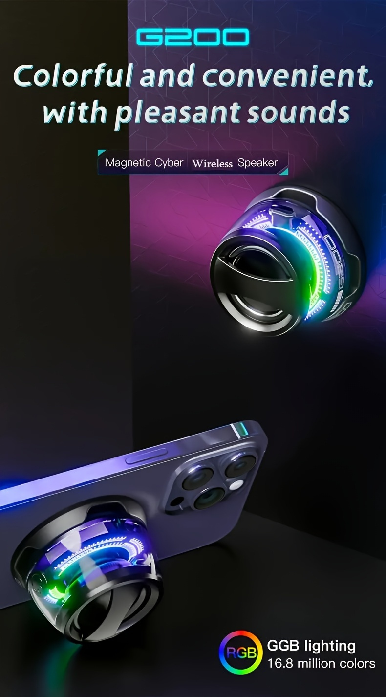 compact wireless speaker featuring   colors of light and a magnetic suction mount ideal for outdoor activities as a desktop ornament or as a gift its small and easy to carry     uses Product details 0