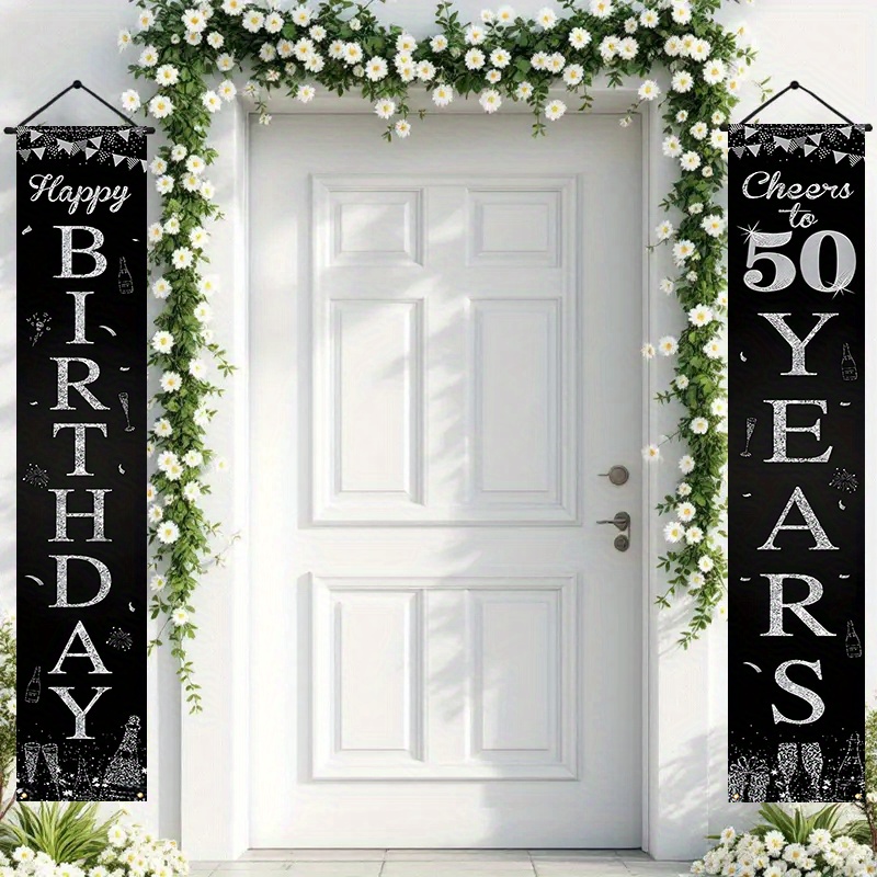 Image of 2d Door Banner, 2pcs Polyester Happy 50th Birthday Door Banner Flag Porch Sign Silvery Black Cheers To 50 Years Birthday Party Decorations Supplies 12x70.8 Inches No Electricity Needed (1)