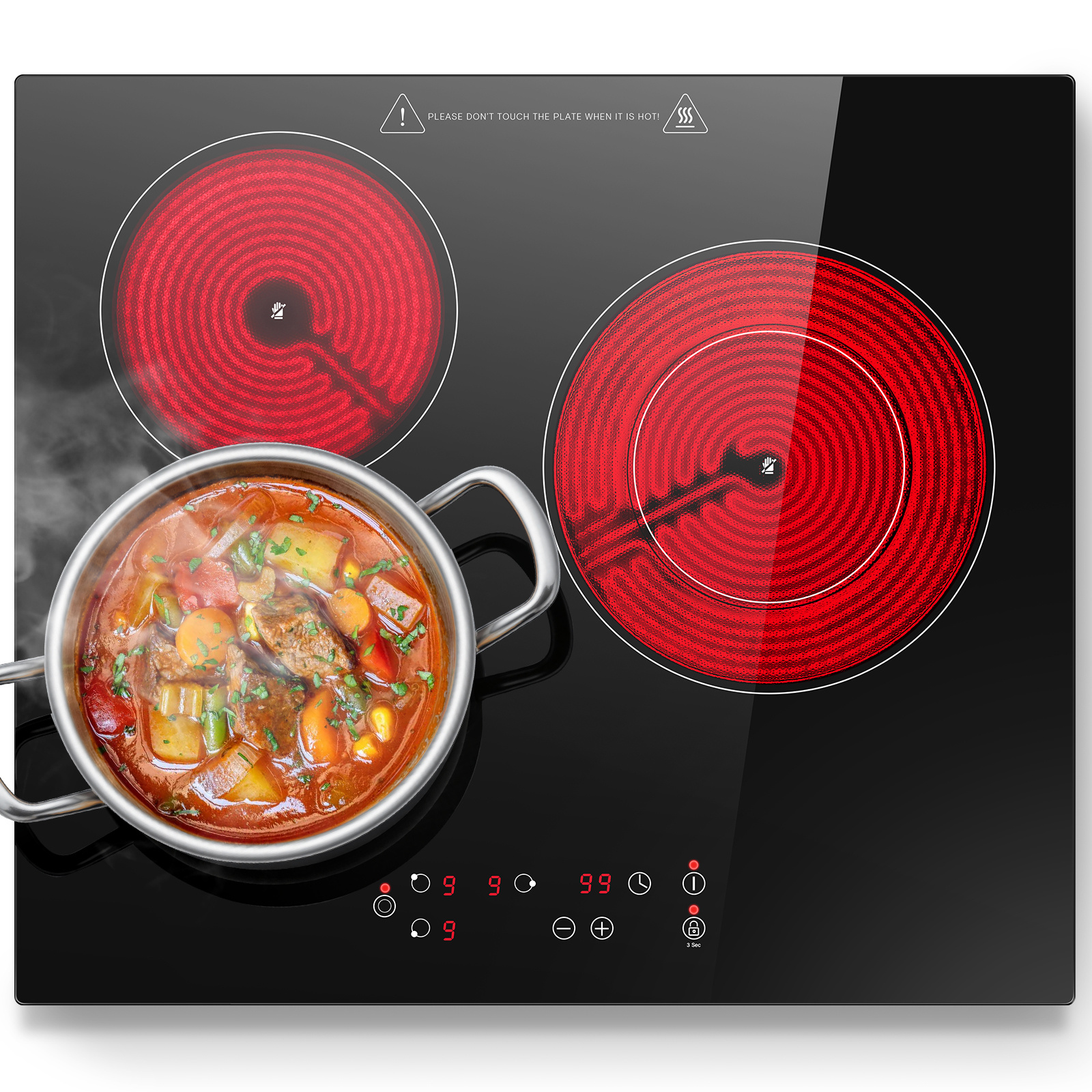Image of Glass Ceramic Hob 3 Burners, Built-in Glass Ceramic Cooktops 60cm, 5400w, 9 Heat Levels, Touch Control, Timer Function, Heat Indicator, Suitable For All Pots