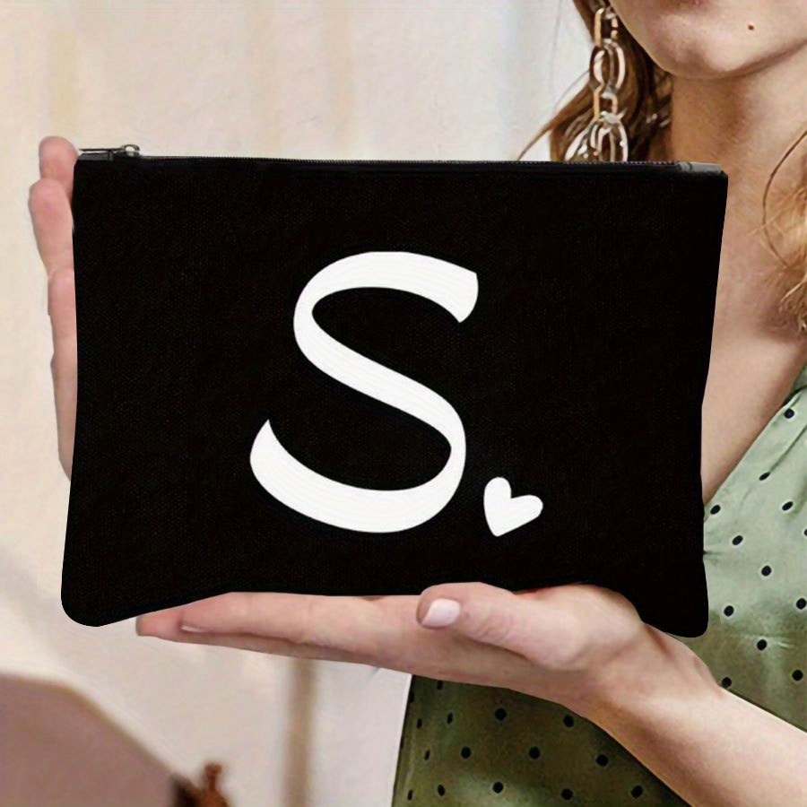 TEMU 1pc Initials Printed Women's Makeup Bag, Black Small Bag, Letters A-z, Cosmetic Bag, Portable Wash Bag, Teacher's Day Gift, Reusable Makeup Bag,