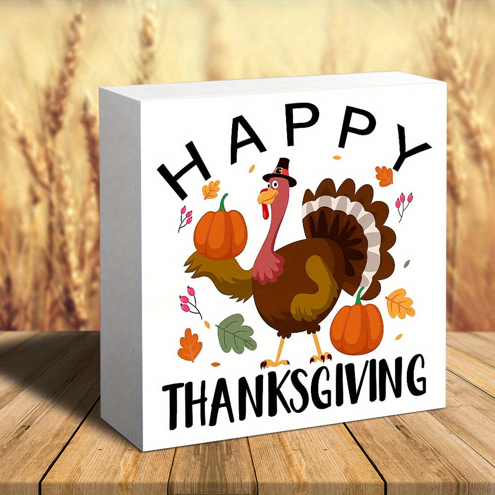 TEMU 1pc Happy Thanksgiving Turkey Pvc-like Sign (wood-look Pvc-free) - Rustic Farmhouse Decor With , Pumpkins & Turkey, Black Lettering & Smiling