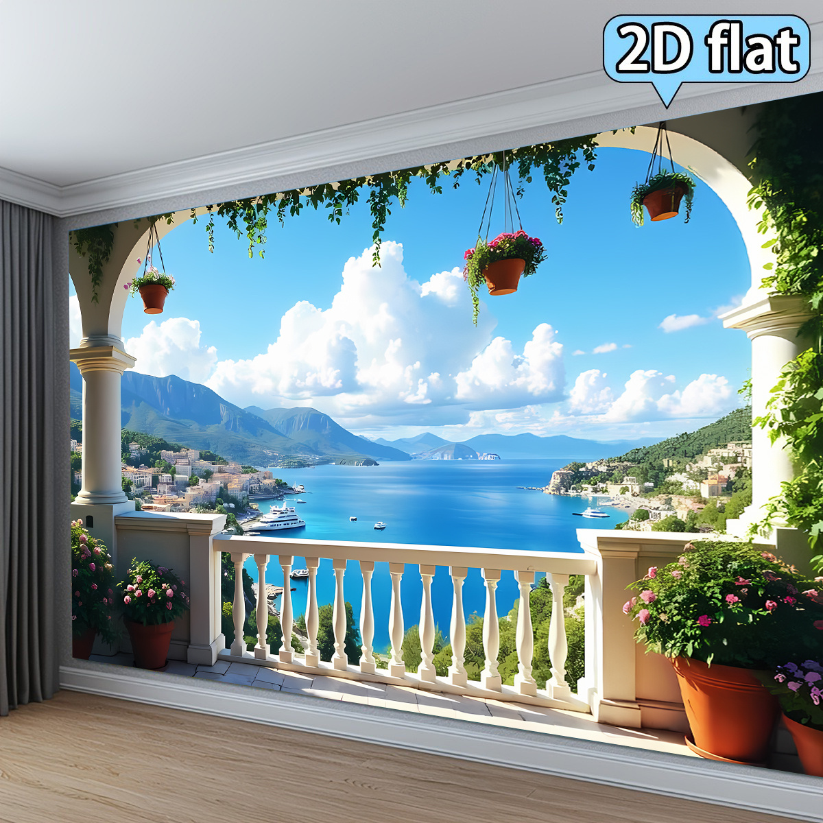 TEMU 2d Flat, 1pc Mediterranean Bay Balcony Scenic Backdrop - 96x72 Inch Or 83x59inch Suitable For Living Room Wall Decor, Photo Studio Background,