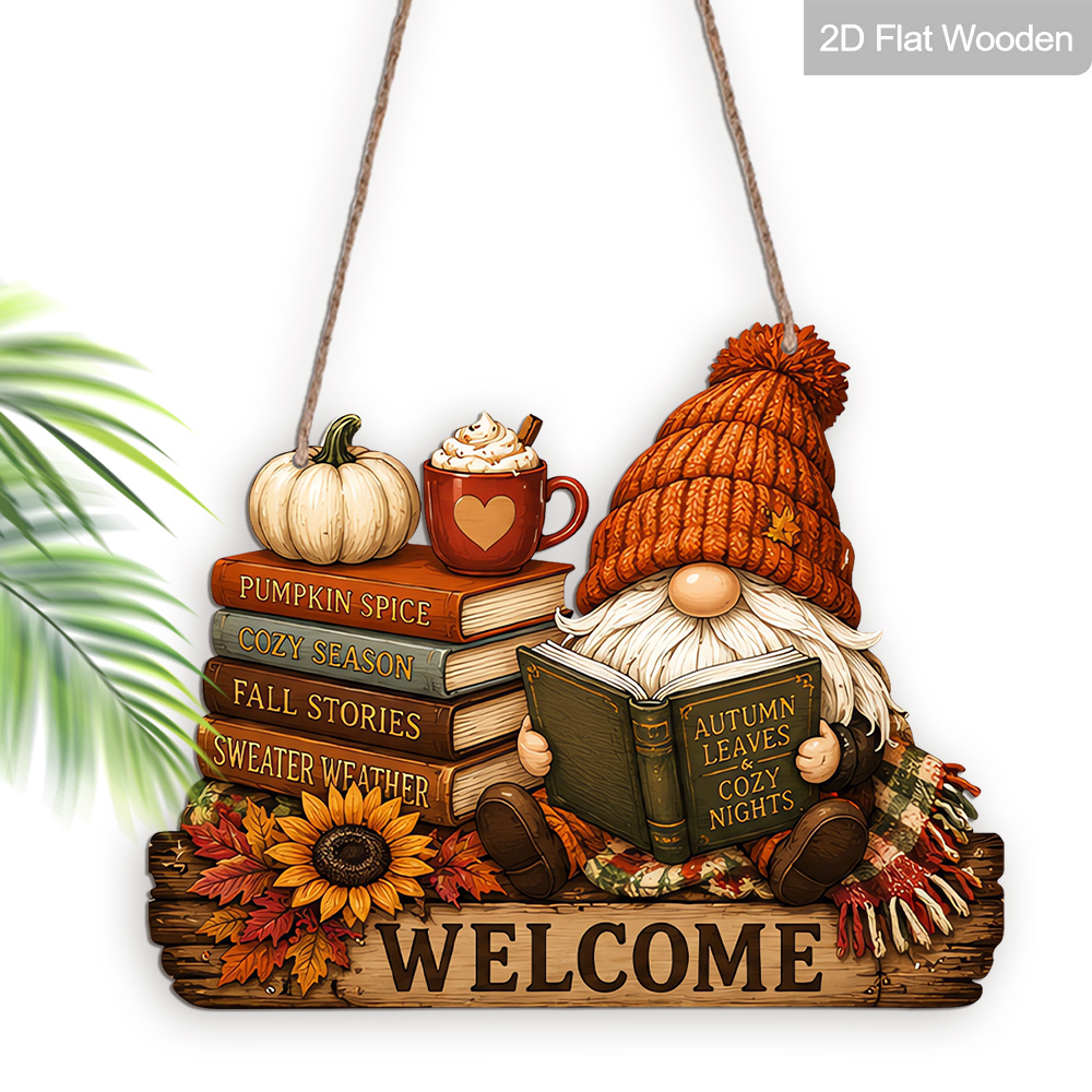TEMU 2d Flat, 1pc Of 2d Flat Wooden Decorative Hanging Sign With A Vintage Wood Grain Base. Features A Faceless Gnome Wearing A Knitted Hat Reading A