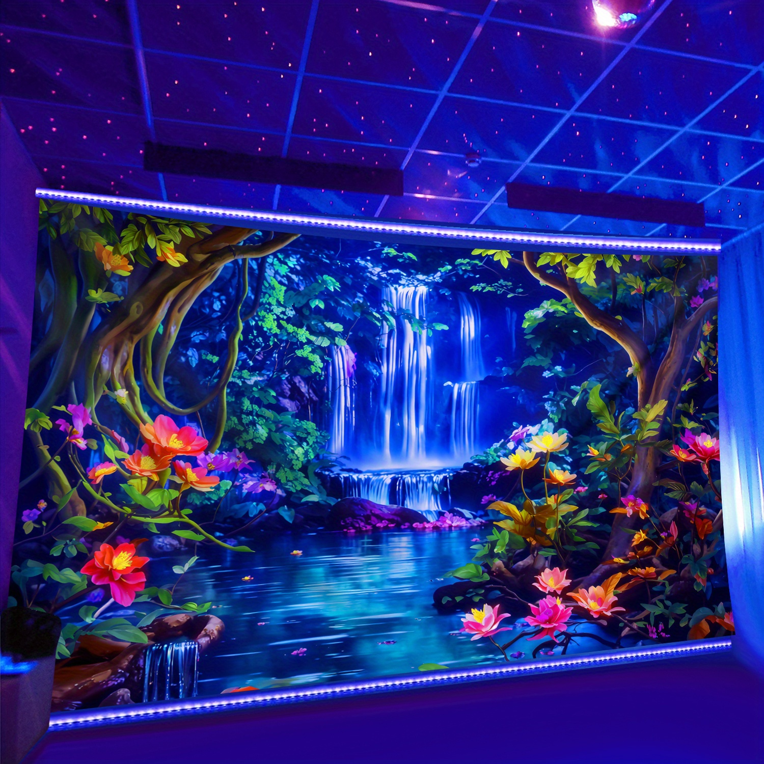 TEMU 1pc- Glow In The Uv Light- Waterfall Planting Tapestry, Large Size Fluorescent Aesthetic Printing Tapestry, Bedroom Aesthetic Hanging Tapestry