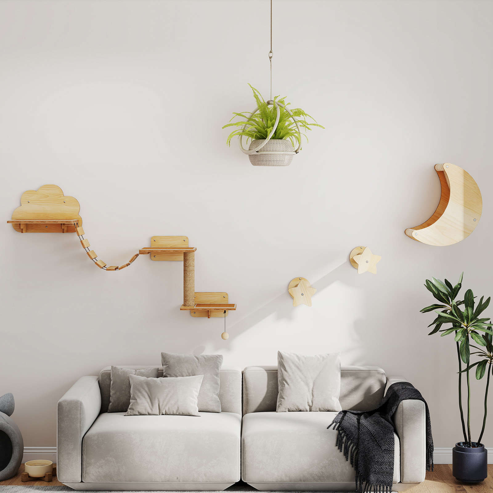 Image of 6pcs Cat Wall Furniture Set, Kitten Wall-mounted Shelves With Hammock, Bridge, Cat Tree, Platforms, Steps, Scratching Posts, And Hanging Toy, Indoor Christmas Cat Climber Playground