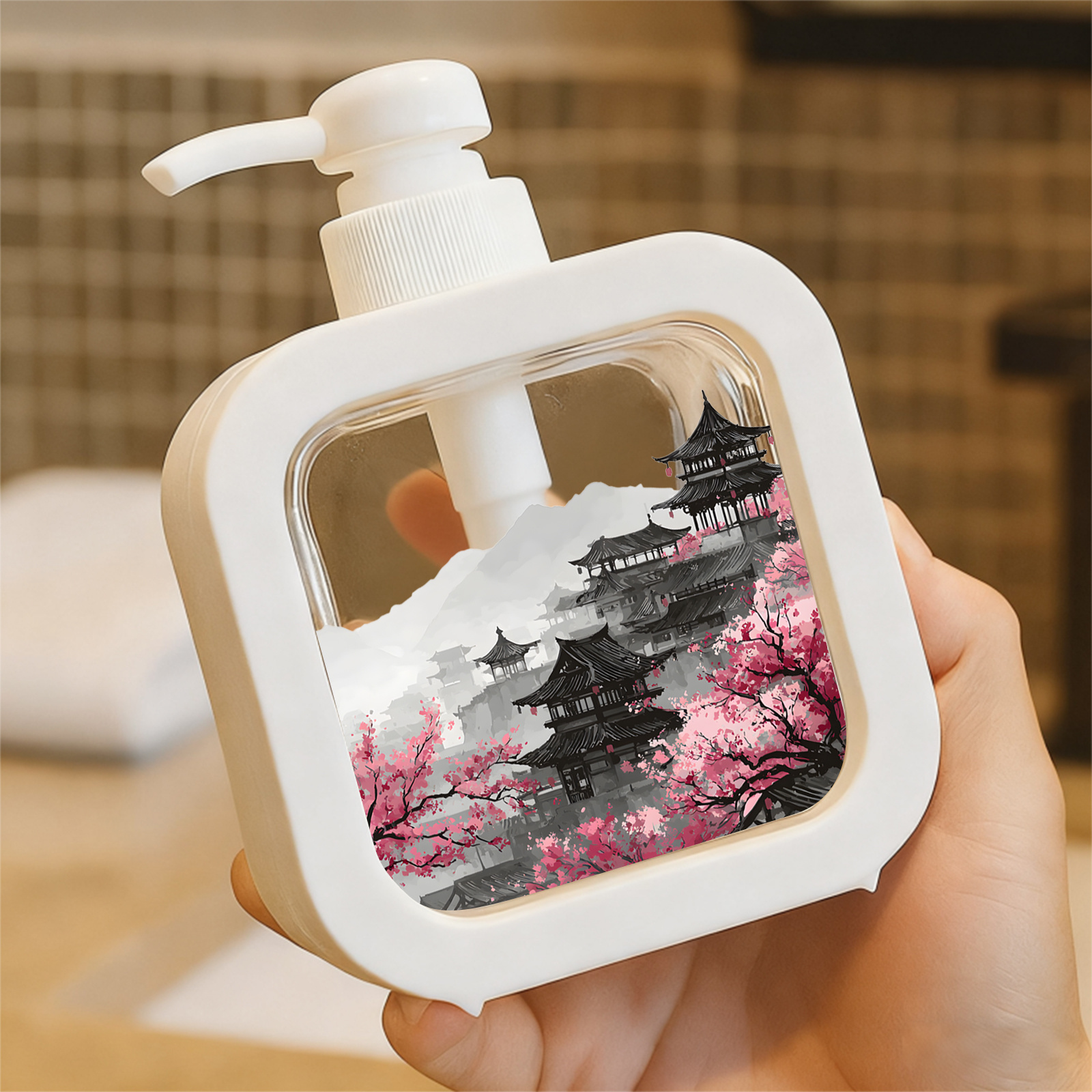 TEMU Pump Bottle For Moisturizing Hand Soap, Suitable For Kitchen And Bathroom Use, Refillable And Featuring A Of An East Asian Cityscape With Cherry