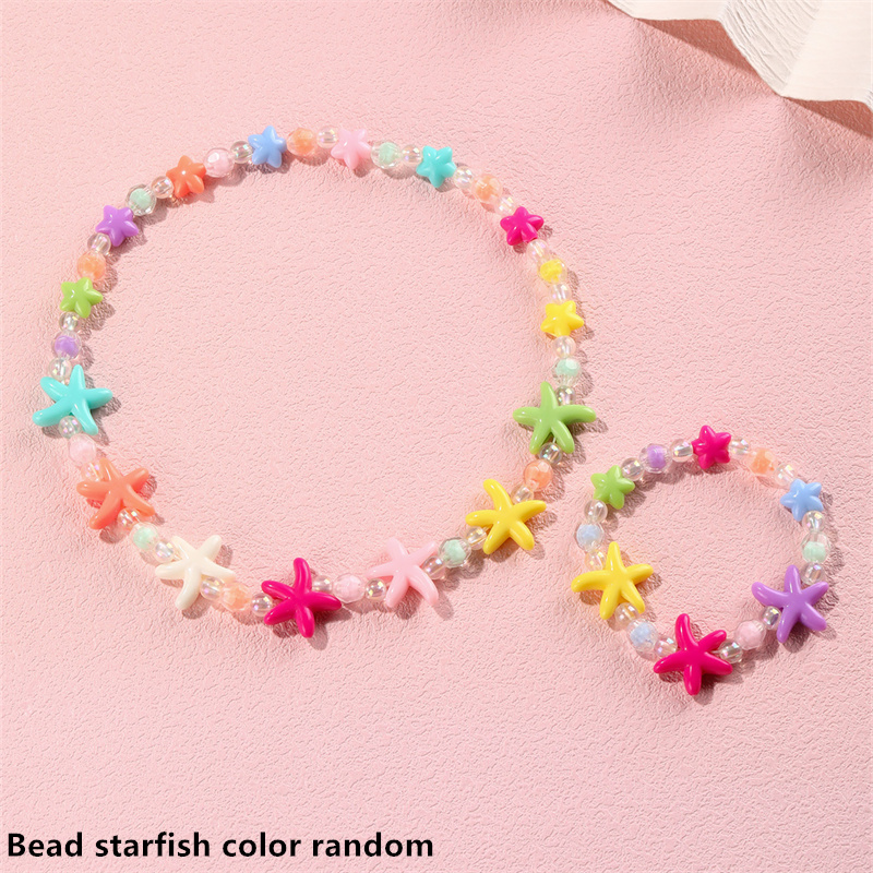 TEMU 2pcs Girls' Starfish Beaded Jewelry - Ocean-themed Starfish Necklace & Bracelet With Sea Beads, Non-metallic Suitable For Beach Parties, Events,