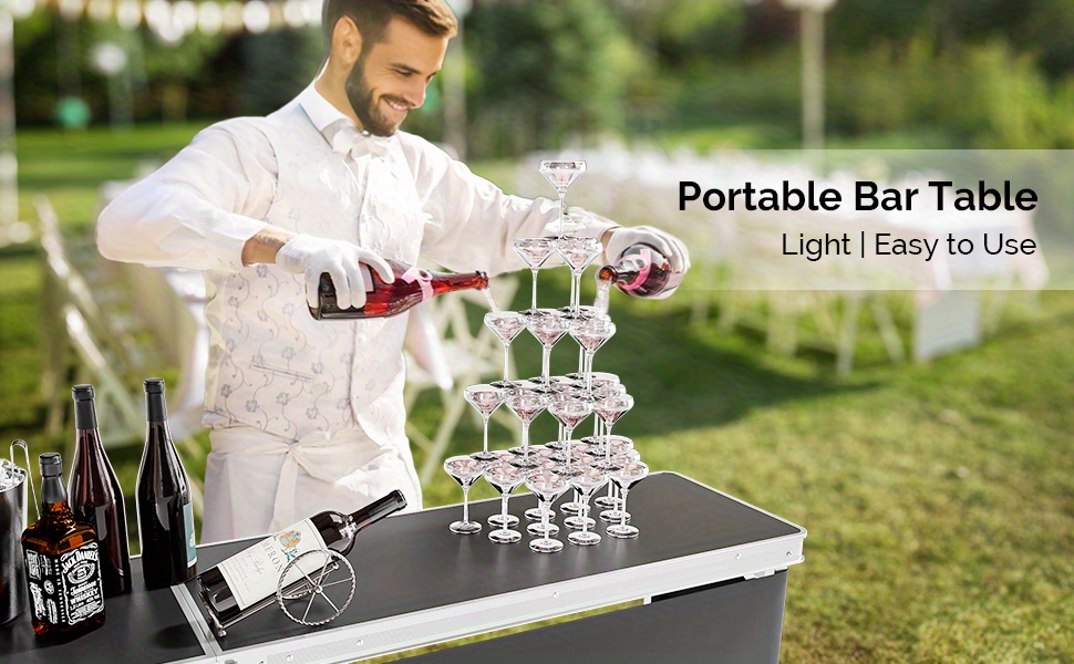 Bonnlo 78 Inch Mobile Bar Table with 2 Tier Shelves Portable Bar Table with Black Skirt for Outdoor Events Party Camping Picnic Mobile Bartending Station Black/ White/ Natural Garden Patio Dining Tables